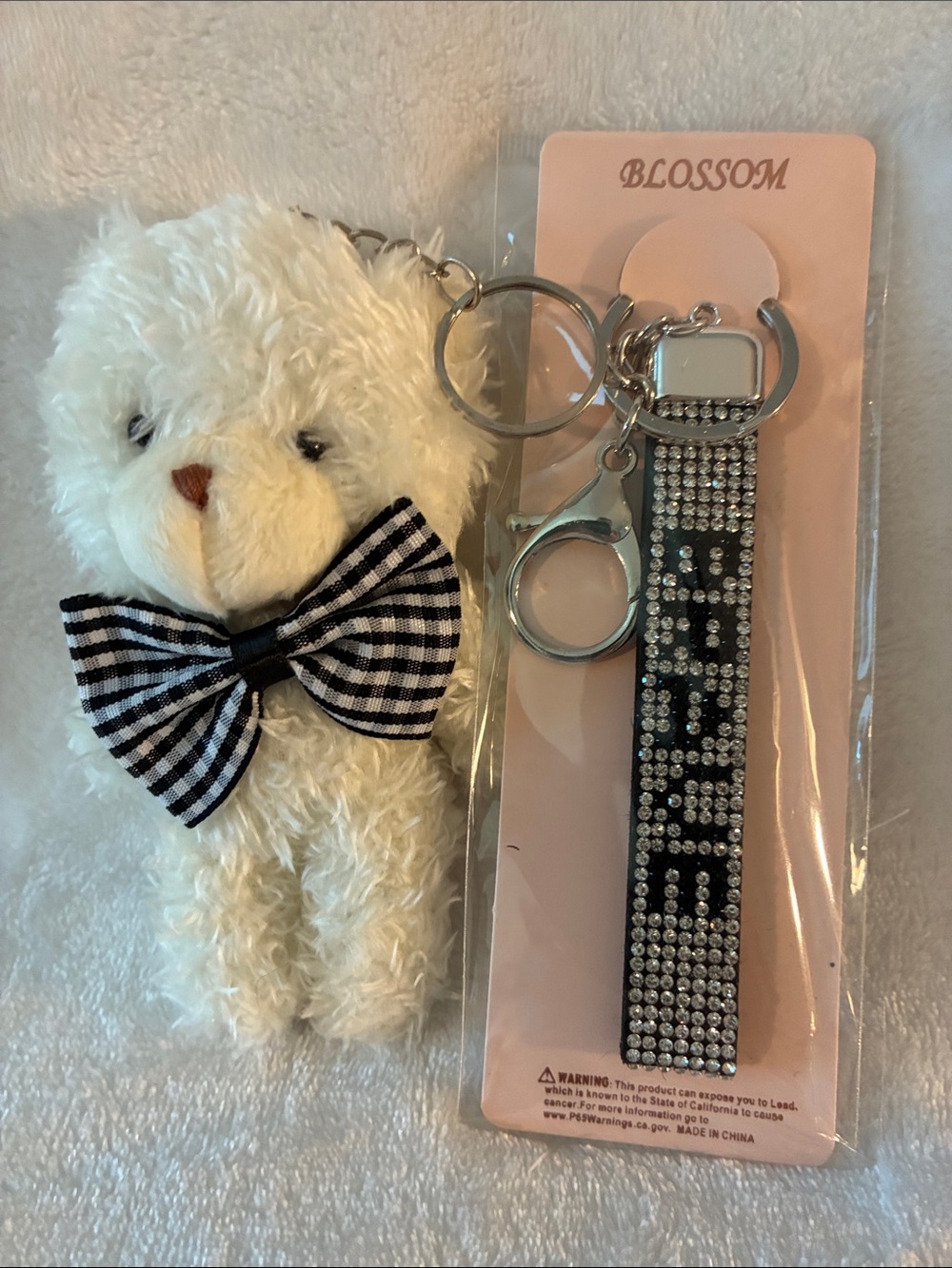 'BLOSSOM' Keychain Strap with rhinestones & Plush Bear Charm.. NWT